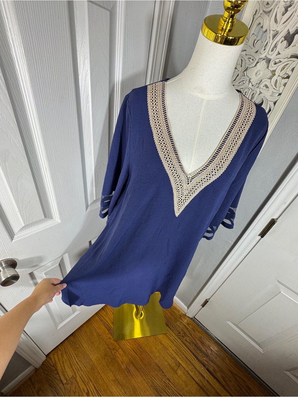 AI’Mage Navy Crochet Swim Cover Up Dress Size M Beach Resort Kaftan Tunic Boho - Picture 7 of 9